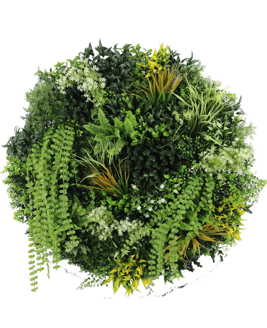 Den kunstige hæk på sort ramme Ø100 cm har et cirkulært arrangement af forskellige grønne planter og løv, herunder bregner, snoede vinstokke og blade med gul spids, med forskellige bladformer og teksturer mod en hvid baggrund.