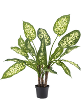Den Artificial Dieffenbachia 40 cm, med frodige grønne blade og lyse gul-hvide pletter, står elegant i stilfulde dekorative potter mod en almindelig hvid baggrund.