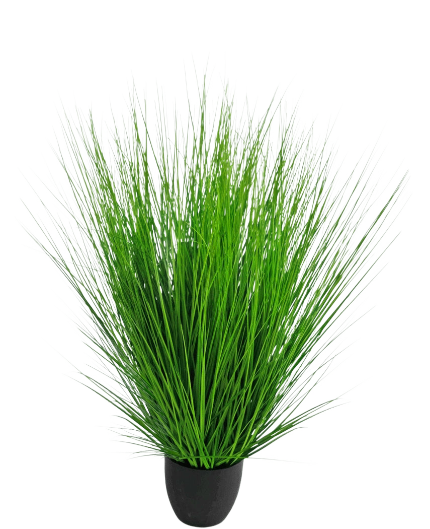 Artificial Gras Plant Onion 110 cm brandhæmmende middel har lange, tynde, levende grønne blade, der er tæt sammen i en lille sort potte, mod en almindelig hvid baggrund.