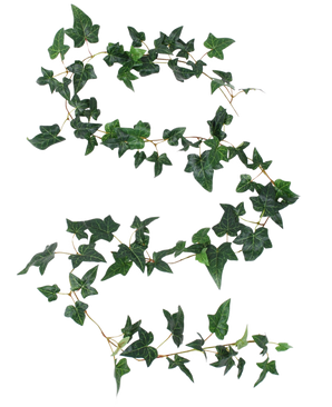 Kunst Boston efeukransen grøn 180 cm UV har en lang vedbendslynge med grønne, femfligede blade og tynde stængler i en flydende S-form på hvid baggrund.