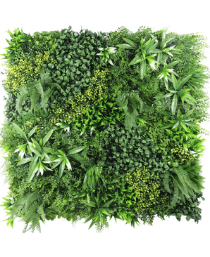 De Kunsthaag Freshness 100x100 cm UV is een vierkant groen paneel dat dicht begroeid is met verschillende kunstplanten en -bladeren, waardoor een weelderige, levendige en getextureerde verticale tuin ontstaat.
