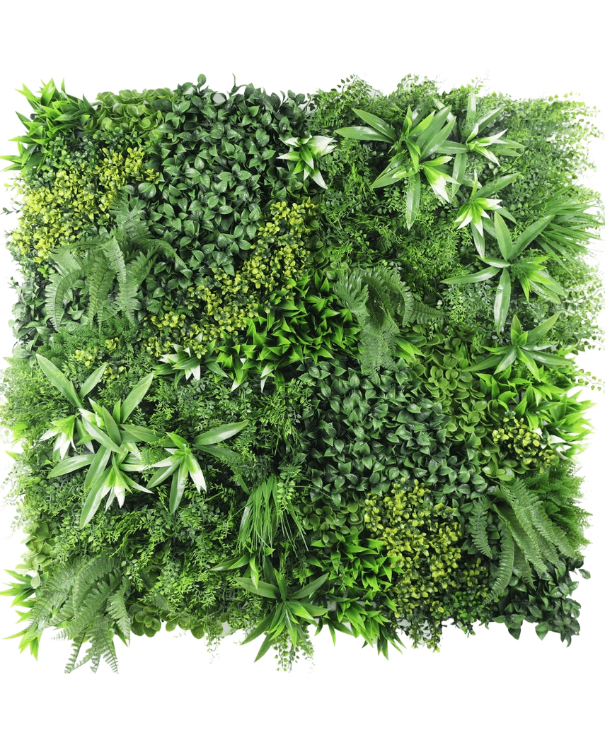 Artificial Hedge Freshness 100x100 cm UV er et firkantet panel tæt dækket med forskellige grønne blade, med forskellige bladformer og teksturer for at skabe en frodig, levende lodret have mod en hvid baggrund.