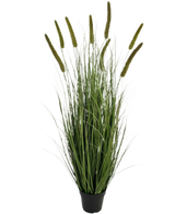 Artificial Grass Cattail Onion Grass Pot 120 cm brandhæmmende er et prydgræs i en potte med lange, tynde grønne blade og flere høje, opretstående frøhoveder, mod en almindelig hvid baggrund.