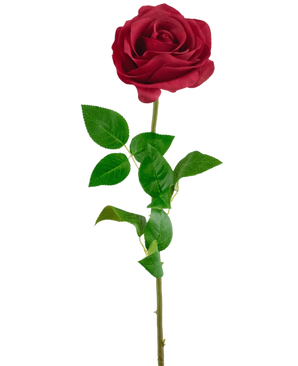 The Artificial Rose Real Touch 53 cm rød er en enkelt kunstig rose med en lang grøn stilk og flere blade, isoleret på en hvid baggrund.