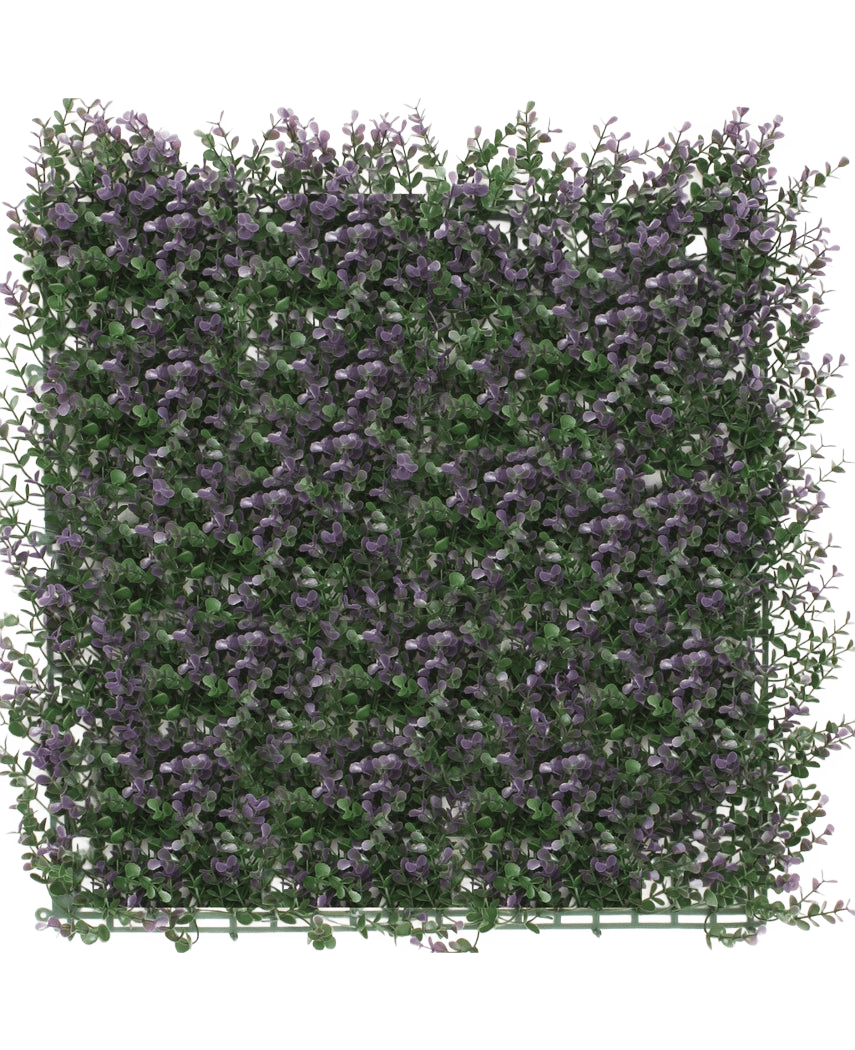 Artificial Hedge Boxwood Purple 50x50 cm UV er et tæt, firkantet panel af kunstigt grønt med små lilla blomster, der skaber en frodig lodret havemåtte, der er perfekt til at lysne en hvid baggrund op.