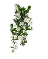 Den kunstige hængeplante Petunia 70 cm hvid har grønne blade og hvide trompetformede blomster i et kaskade rankagtigt design, mod en almindelig hvid baggrund.