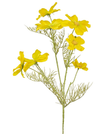 Artificial Flower Cosmos 74 cm gul har lyse gule blomster og sarte, fjergrønne blade på slanke stængler - perfekt til at skabe en buket mod en almindelig hvid baggrund.