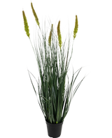 Artificial Grass Cattail Onion Grass Pot 90 cm Brandhæmmende er en kunstig græsplante i potte med lange, slanke grønne blade og flere høje, gulgrønne frøhoveder på en almindelig hvid baggrund.