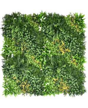 Artificial Hedge Limerence 100x100 cm UV er et firkantet lodret havepanel med tæt grønt løv og små gule blomster, med varierede bladformer og teksturer for et frodigt, levende look.