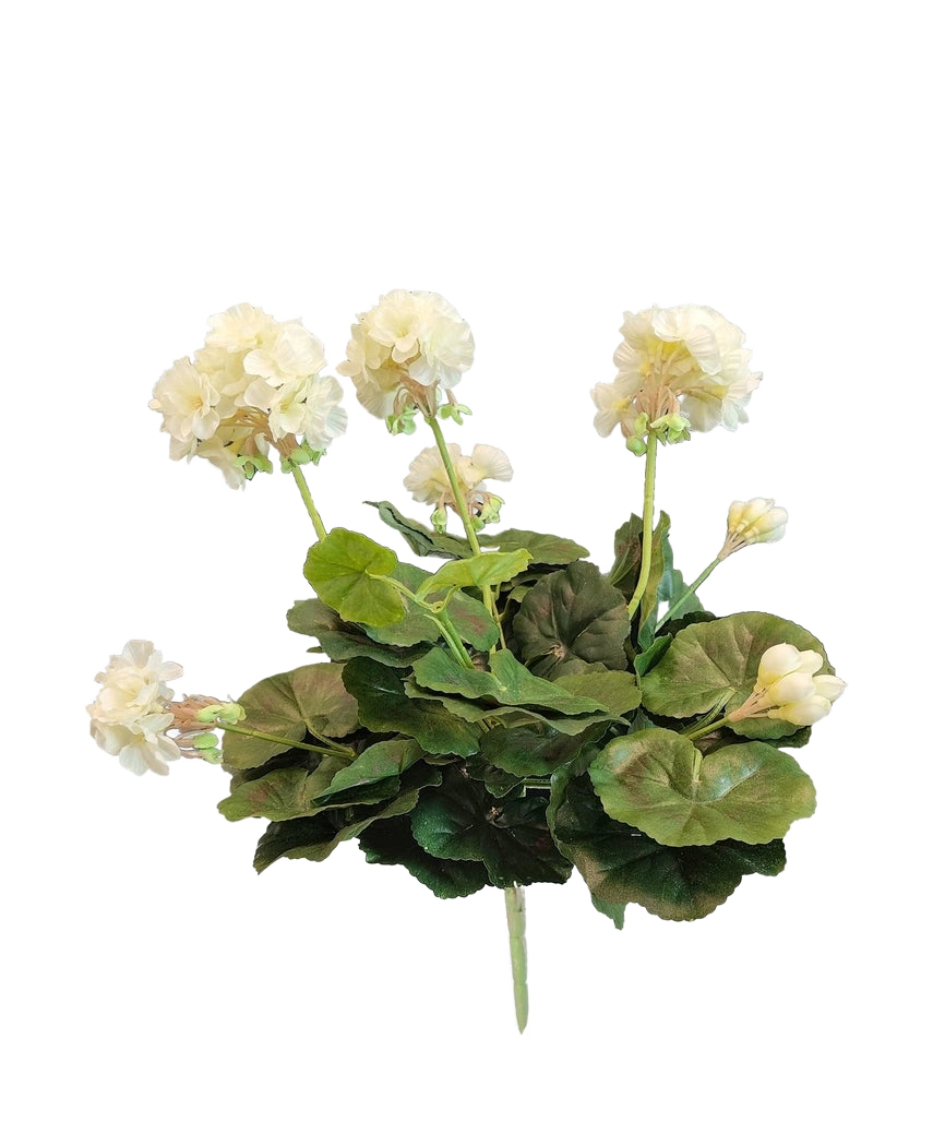 Artificial Geranium 40 cm hvid har naturtro hvide blomster og frodige grønne blade - perfekt til at tilføje tidløs elegance til din kunstige plante eller kunstige blomstersamling.