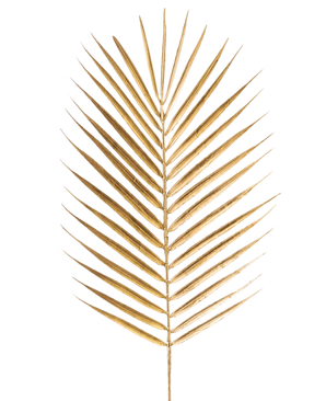 Den kunstige grenbregne 64 cm guld har et enkelt gyldent palmeblad med lange, slanke blade på en almindelig hvid baggrund.