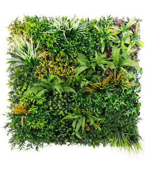 Artificial Hedge Sherry 100x100 cm UV er et levende lodret havepanel med en række frodige grønne planter med tekstureret løv i grønne, gule og røde toner, alt sammen mod en sprød hvid baggrund.
