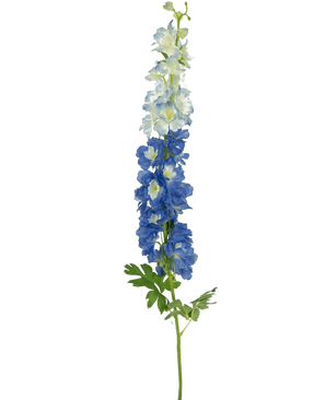 Den kunstige blomst Delphinium 105 cm blå har en enkelt lang stilk med blå-hvide blomster og grønne blade, mod en almindelig hvid baggrund.