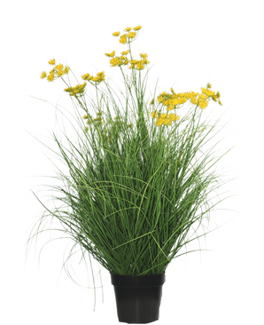 Kunstgræsplanten Asteraceae 90 cm brandhæmmende har lange, slanke græslignende blade og klaser af små, knaldgule blomster på lange stængler, mod en almindelig hvid baggrund.