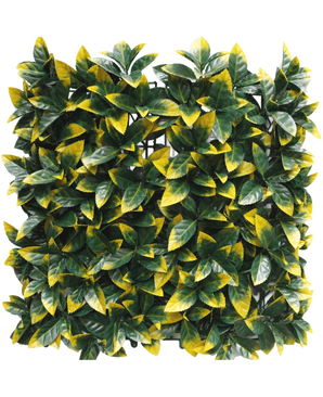 Artificial Hedge Photonia gul 50x50 cm UV har tætte, firkantede paneler af kunstige grønne og gulbrogede blade for et frodigt, livligt udseende. Rasterlaget er delvist synligt bag løvet for nem montering.