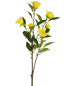 Artificial Flower Camellia 80 cm gul har en enkelt stilk med flere lysegule kunstige camellia blomster og grønne blade, afbildet mod en almindelig hvid baggrund.