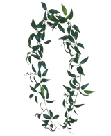 Artificial Smilax Garland 180cm er en krans i form af bogstavet O, lavet af lange grønne bladgrene med små bundter af mørke bær mod en almindelig hvid baggrund.