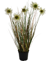 Kunstgræs Chrysanthemum Onion Pot 60 cm brandhæmmende middel har lange, tynde grønne og brune blade med flere høje stængler toppet med hvide tusindfrydlignende blomster med et gult hjerte.