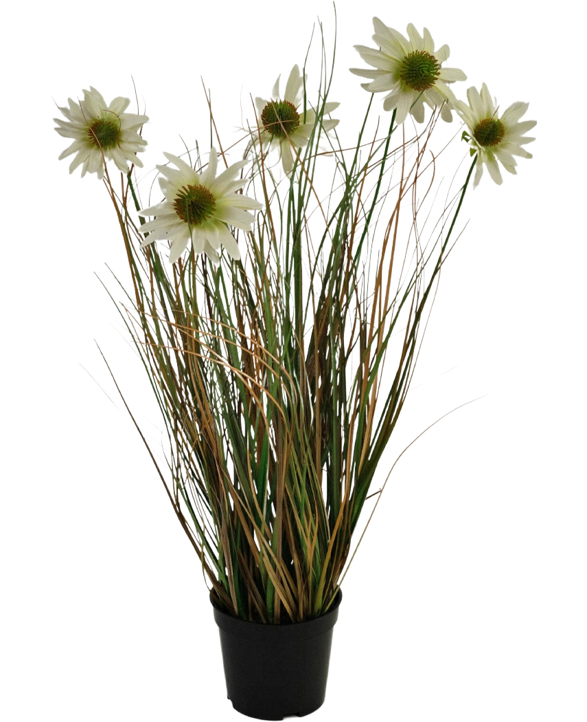 Kunstgræs Chrysanthemum Onion Pot 60 cm brandhæmmende middel har lange, tynde grønne og brune blade med flere høje stængler toppet med hvide tusindfrydlignende blomster med et gult hjerte.