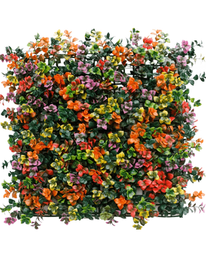 Artificial Hedge Pachysandra multi-color 50x50 cm UV er et firkantet panel med tætte kunstige grønne blade og små orange, pink, gule og lilla blomster for en farverig, livlig lodret haveeffekt.
