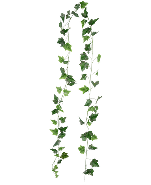 To lange Artificial Ivy Garland 180 cm grøn/hvide tråde af kunstig efeu hænger lodret mod en almindelig hvid baggrund.