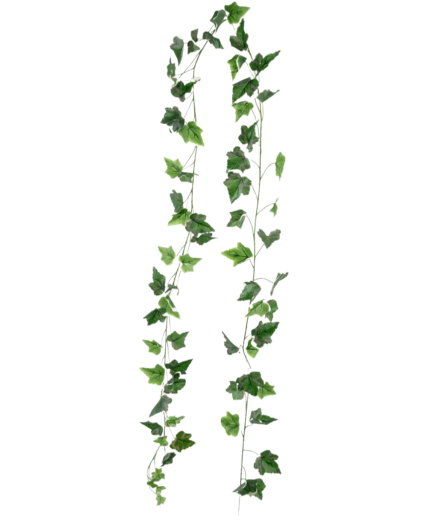 To lange Artificial Ivy Garland 180 cm grøn/hvide tråde af kunstig efeu hænger lodret mod en almindelig hvid baggrund.