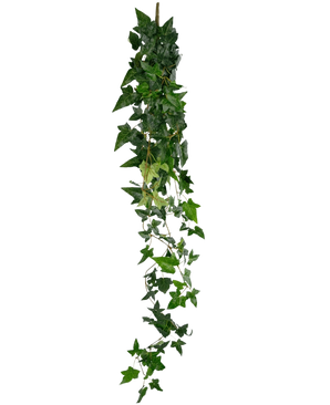Den kunstige hængeplante Ivy Boston 120 cm grøn har en lang tråd af kunstig grøn efeu med tætte, spidse blade, der falder ned mod en almindelig hvid baggrund.