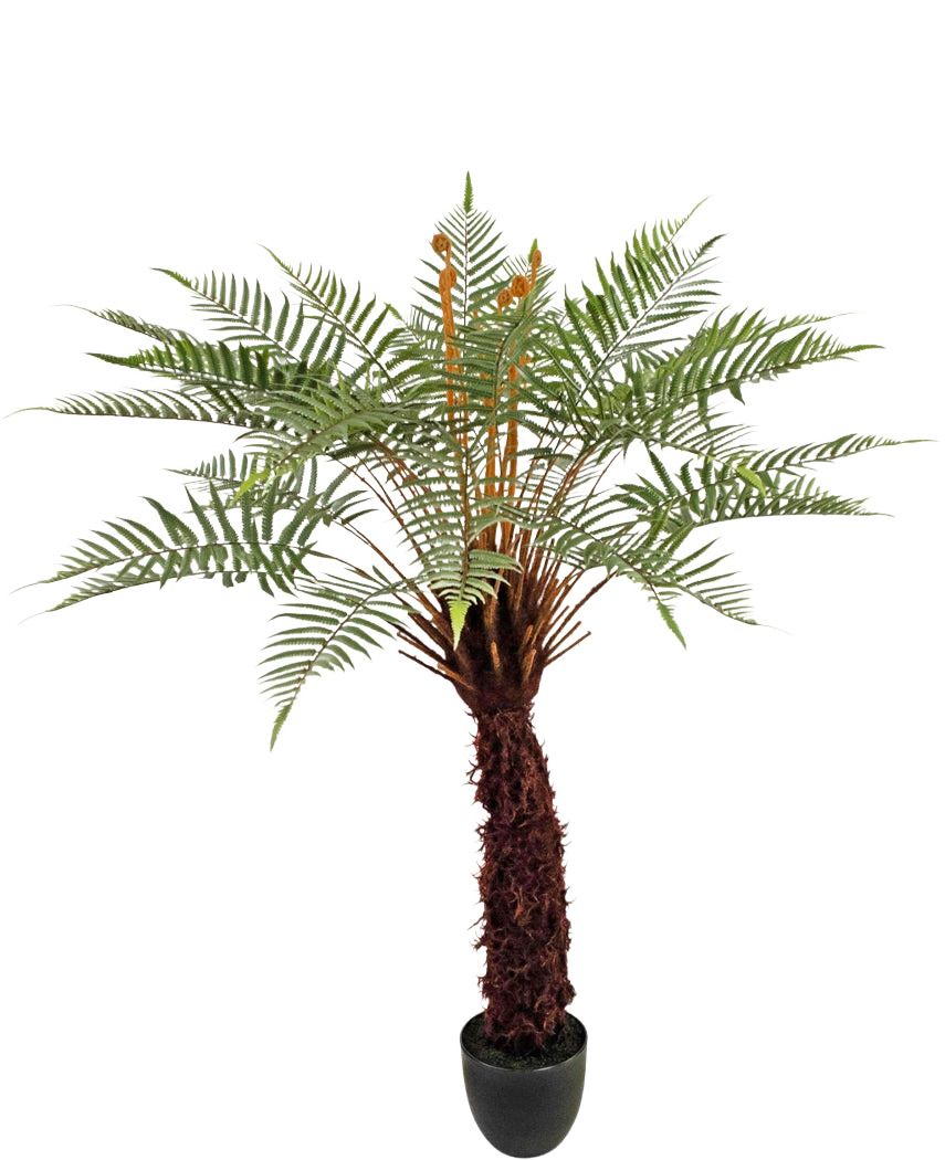 Den kunstige plante Dicksonia 127 cm er en høj bregne i potte med en brun, struktureret stamme og lange, buede grønne blade mod en hvid baggrund.