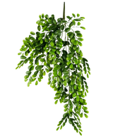 Den kunstige hængeplante Pumila 86 cm er en realistisk kunstig gren med flere stængler af små, lysegrønne ovale blade, som fremstår frodige og kaskade på en almindelig hvid baggrund.