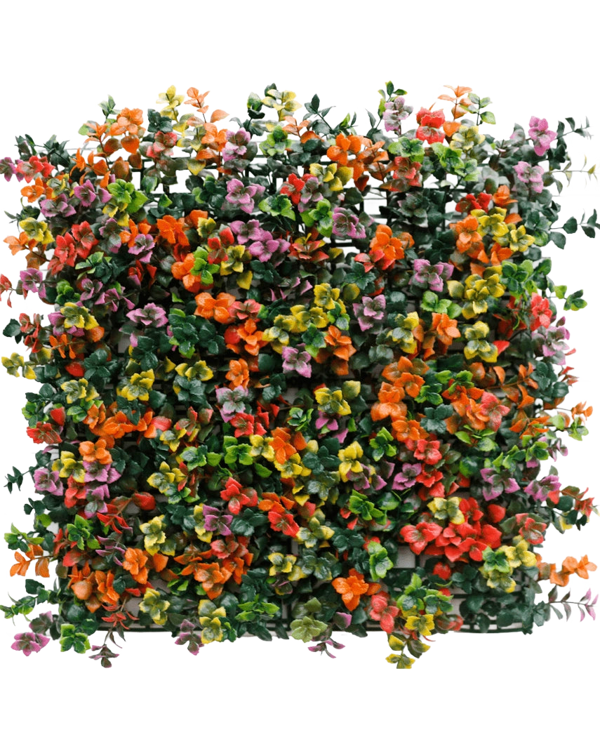 Artificial Hedge Pachysandra multi-color 50x50 cm UV er et firkantet panel med tætte kunstige grønne blade og små orange, pink, gule og lilla blomster for en farverig, livlig lodret haveeffekt.
