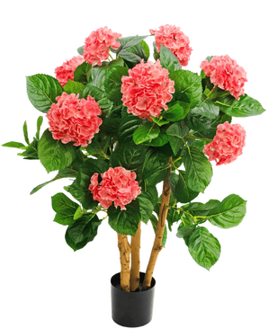 Artificial Hydrangea UV 85 cm pink har flere stængler, brede grønne blade og pink hortensia blomster i en sort potte, som giver en livlig kontrast og et naturtro udseende.
