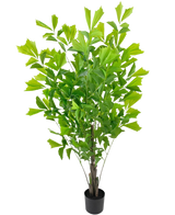 De Kunstplant Fishtailpalm 150 cm is een weelderig groene kamerpotplant met meerdere rechtopstaande stengels en grote, waaiervormige bladeren, gepresenteerd in een eenvoudige zwarte pot tegen een witte achtergrond.