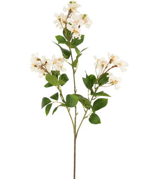 Den kunstige blomst Lagerstroemia 92 cm hvid har en høj stilk med klaser af små hvide blomster og grønne blade, perfekt til at tilføje varig skønhed til ethvert rum. Ideel som en slående kunstig plante mod en almindelig hvid baggrund.