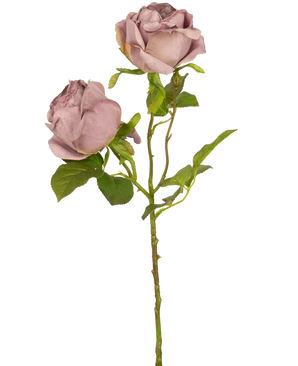 Een enkele Kunstroos Deluxe 55 cm paars steel met twee stoffig mauve rozen en groene bladeren, tegen een effen witte achtergrond.