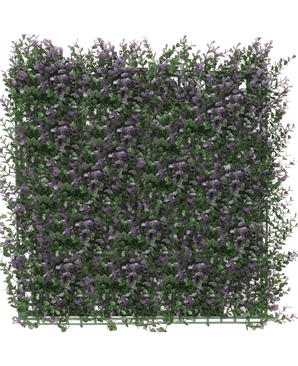 Artificial Hedge Boxwood Purple 50x50 cm UV er et tæt, firkantet panel af kunstigt grønt med små lilla blomster, der skaber en frodig lodret havemåtte, der er perfekt til at lysne en hvid baggrund op.