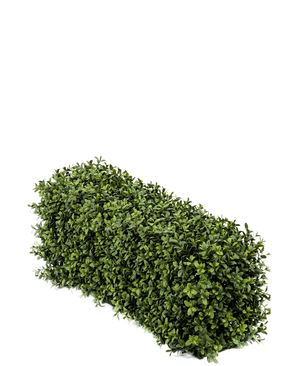 Artificial Boxwood Hedge UV 70x20x25 cm er en tæt, rektangulær kunstig buksbom busk med små grønne blade mod en almindelig hvid baggrund.