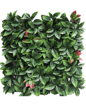 The Artificial Hedge Photonia red 50x50 cm UV er et firkantet kunstigt hækpanel med tætte grønne blade med spredte rødtonede bundter, alle præsenteret på en hvid baggrund.
