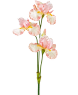 En kunstig irisblomst 102 cm lys pink har flere sarte lys pink og hvide flæser med gule accenter mod en almindelig hvid baggrund.