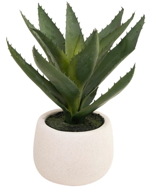 Den kunstige plante Aloe Vera 28 cm kommer i en enkel, rund potte lavet af hvid keramik, med naturtro grønne, spidse blade mod en almindelig hvid baggrund.